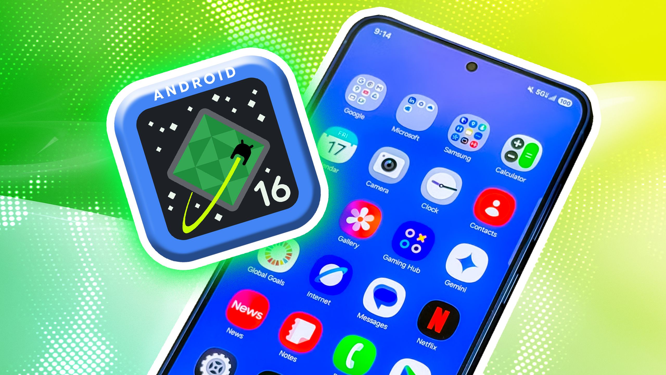 android 16 logo on android phone showing apps