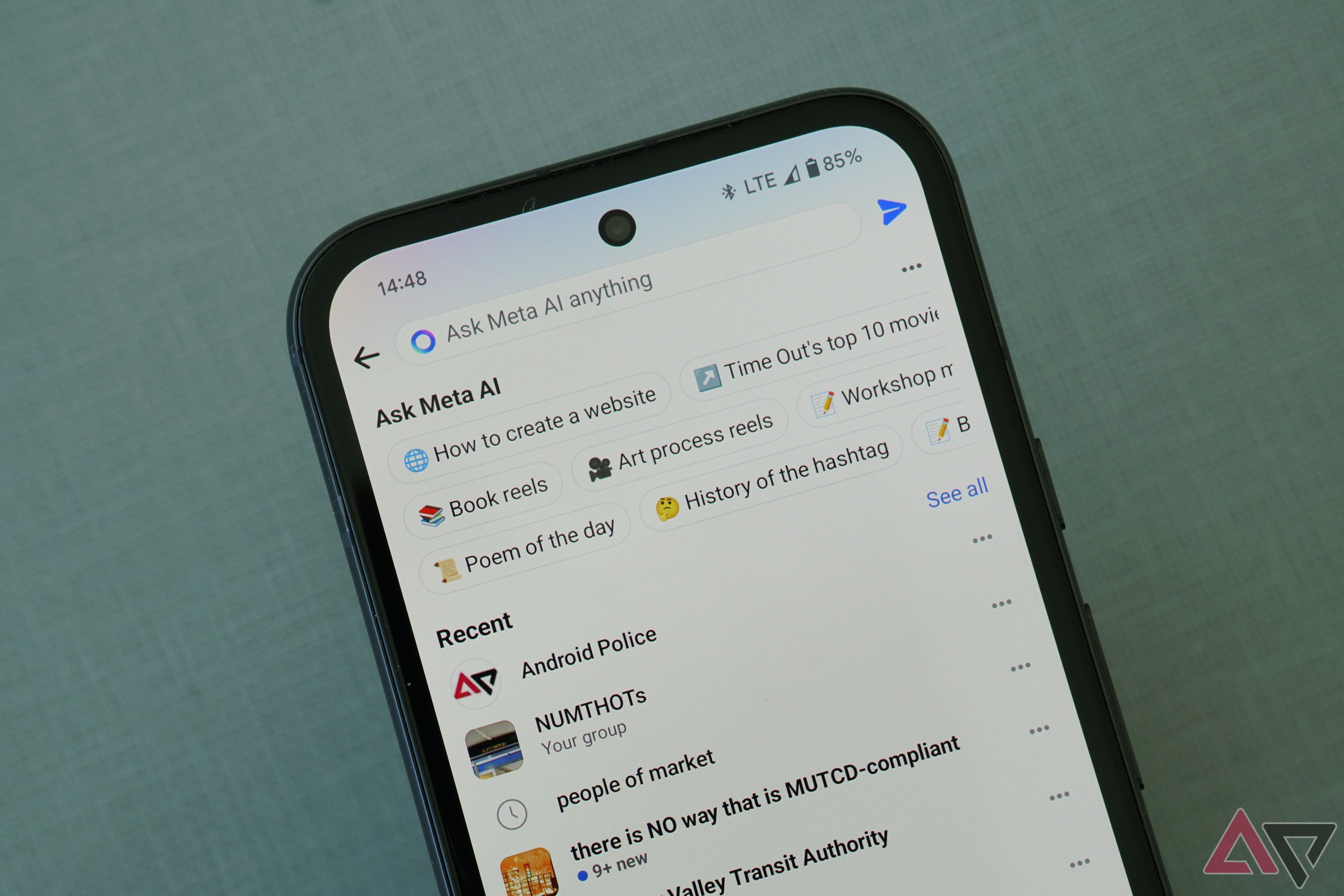 The search bar in the Facebook app has been rebranded to "Ask Meta AI anything."