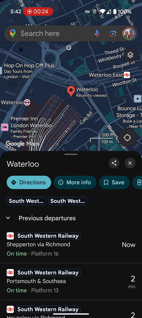 An animated GIF of the Google Maps app crashing when searching for public transit directions.