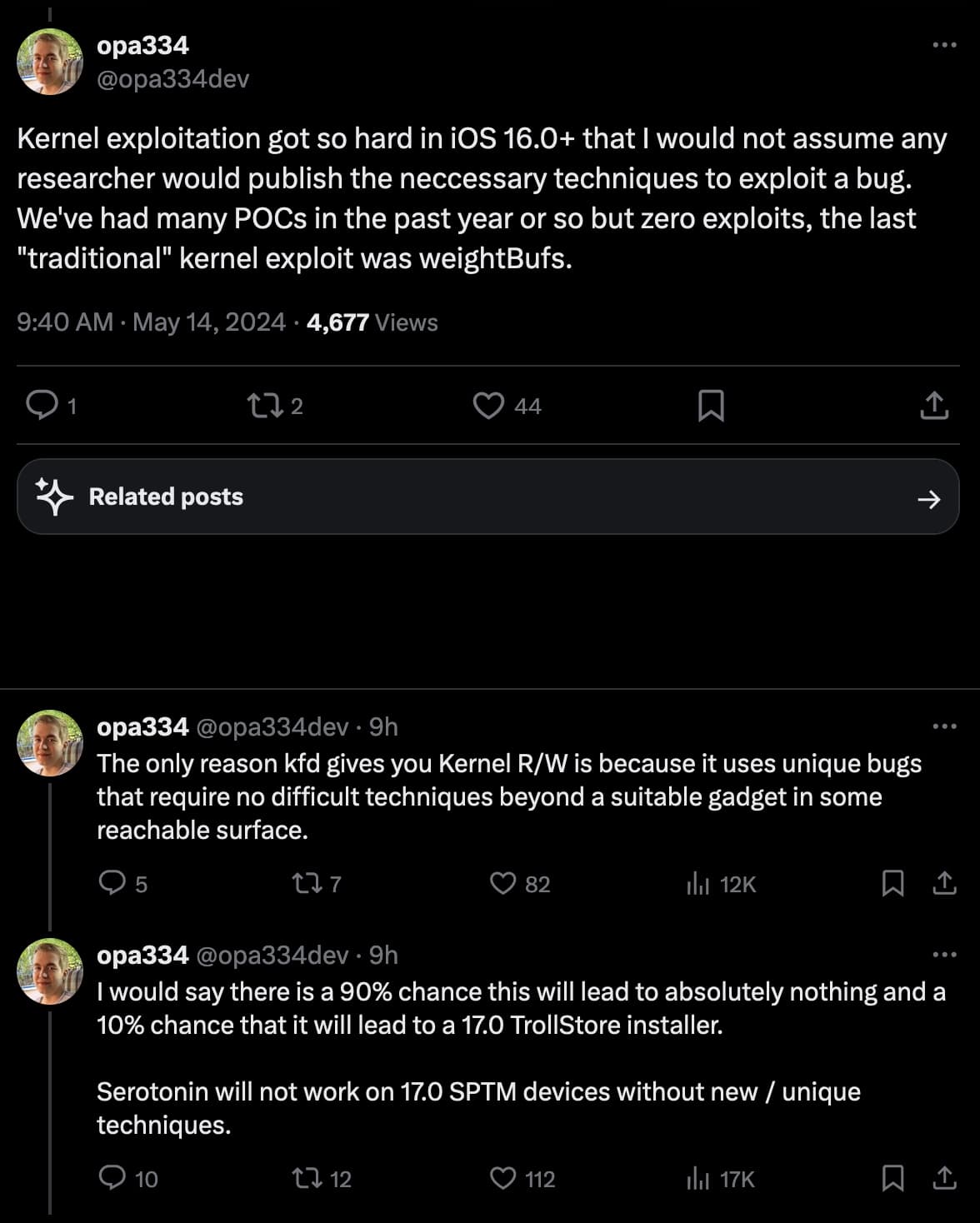 Lars Fröder comments on new iOS 17.4.1 and older PoC.