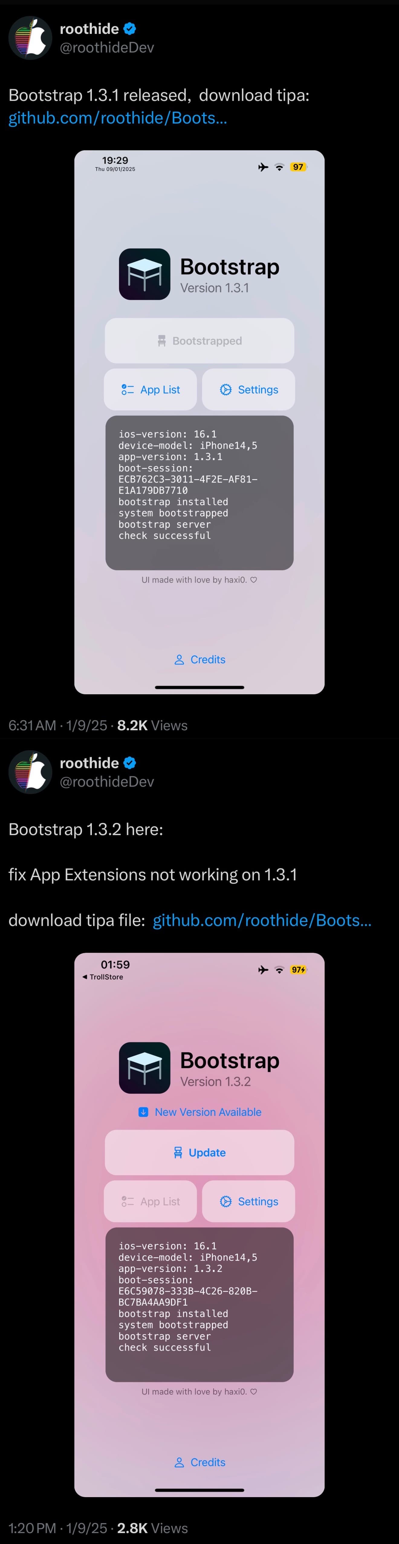 RootHide Bootstrap versions 1.3.1 and 1.3.2 announcements.