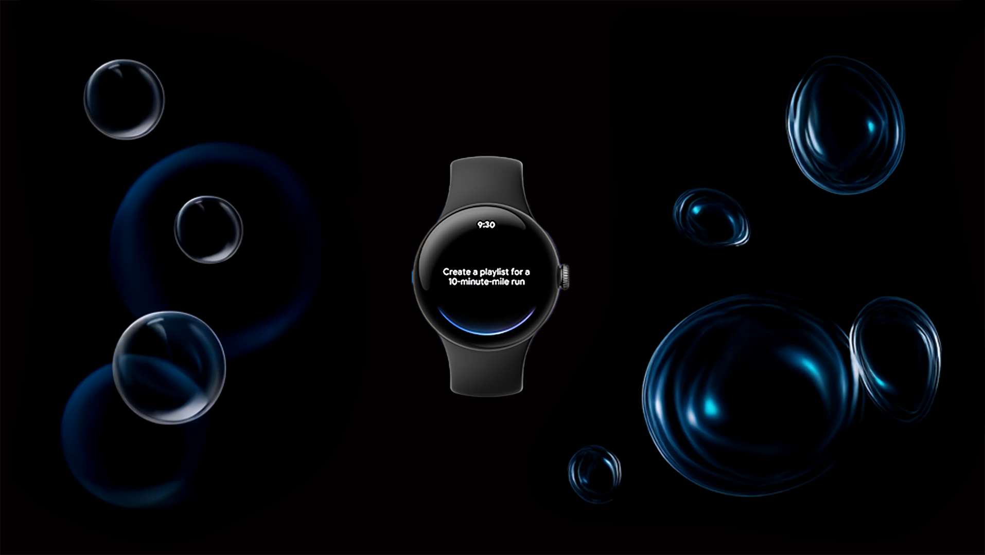 A Google Pixel Watch against a dark background with bubbles 