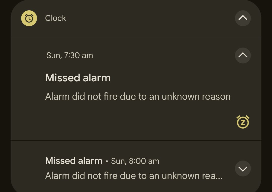 Screenshot of a Pixel smartphone with the error showing that the alarm didn't go off