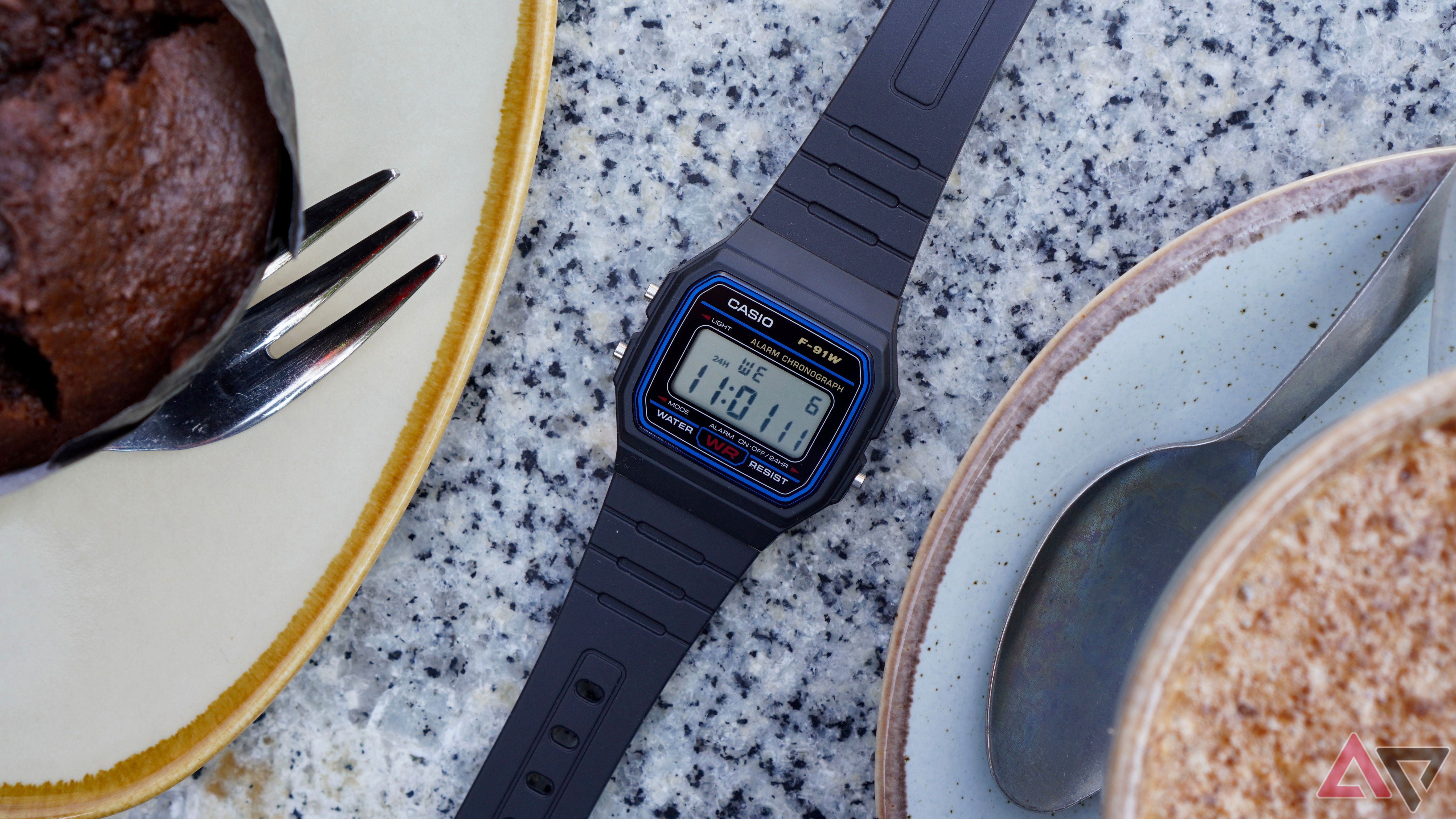 The Casio F91W on a table