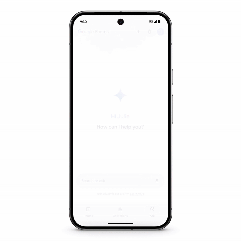 A GIF highlighting Google Photos' Ask Photos feature in action.