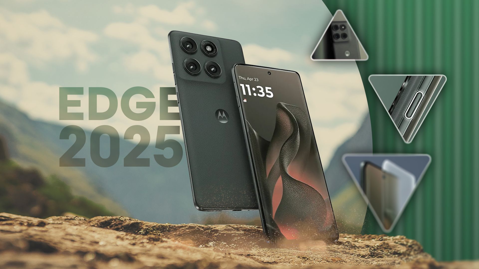 Close-up of the Motorola Edge 2025 on a rugged surface, showcasing its design and specifications