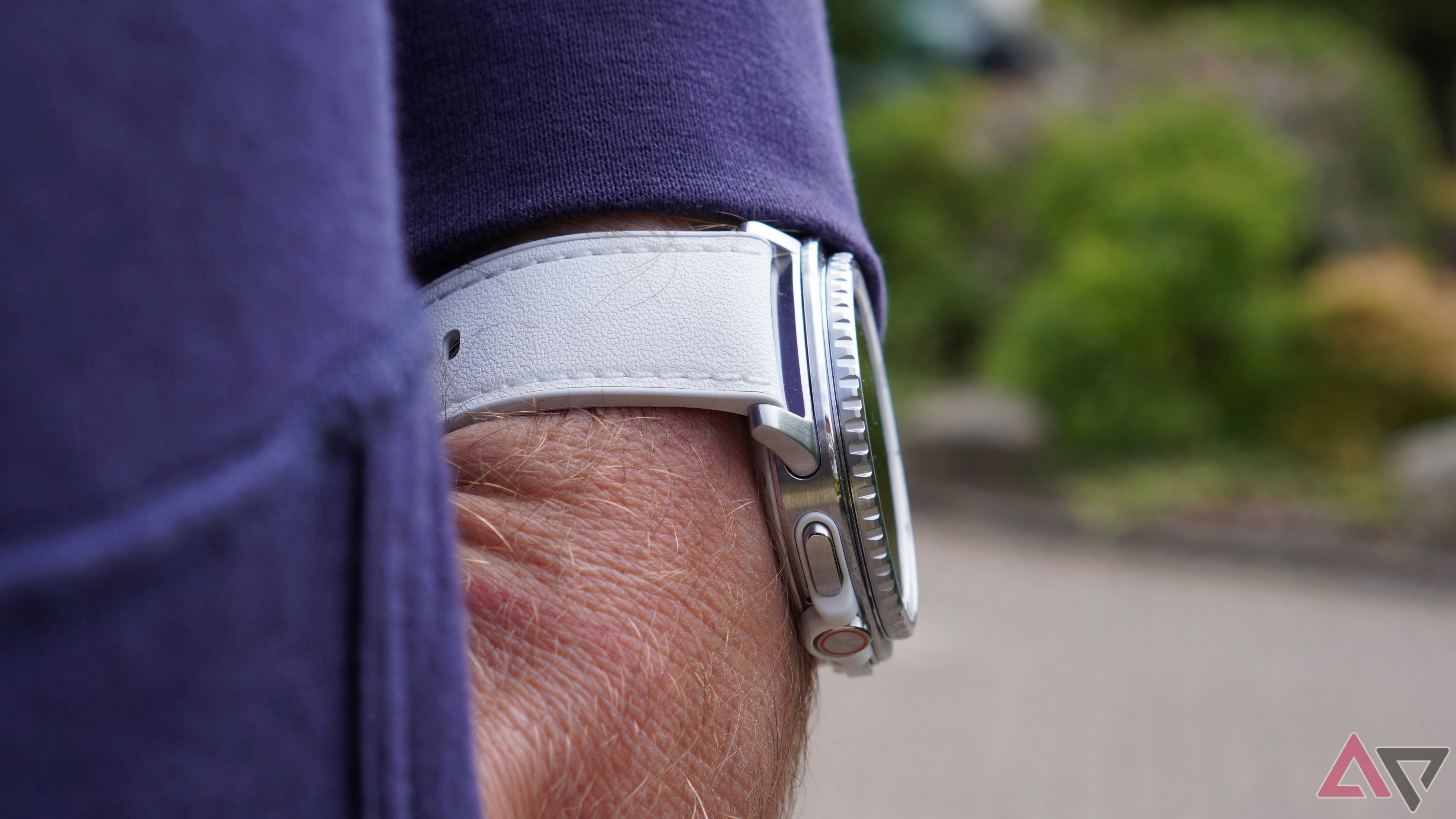 A person wearing the Samsung Galaxy Watch 8 Classic, showing the side profile