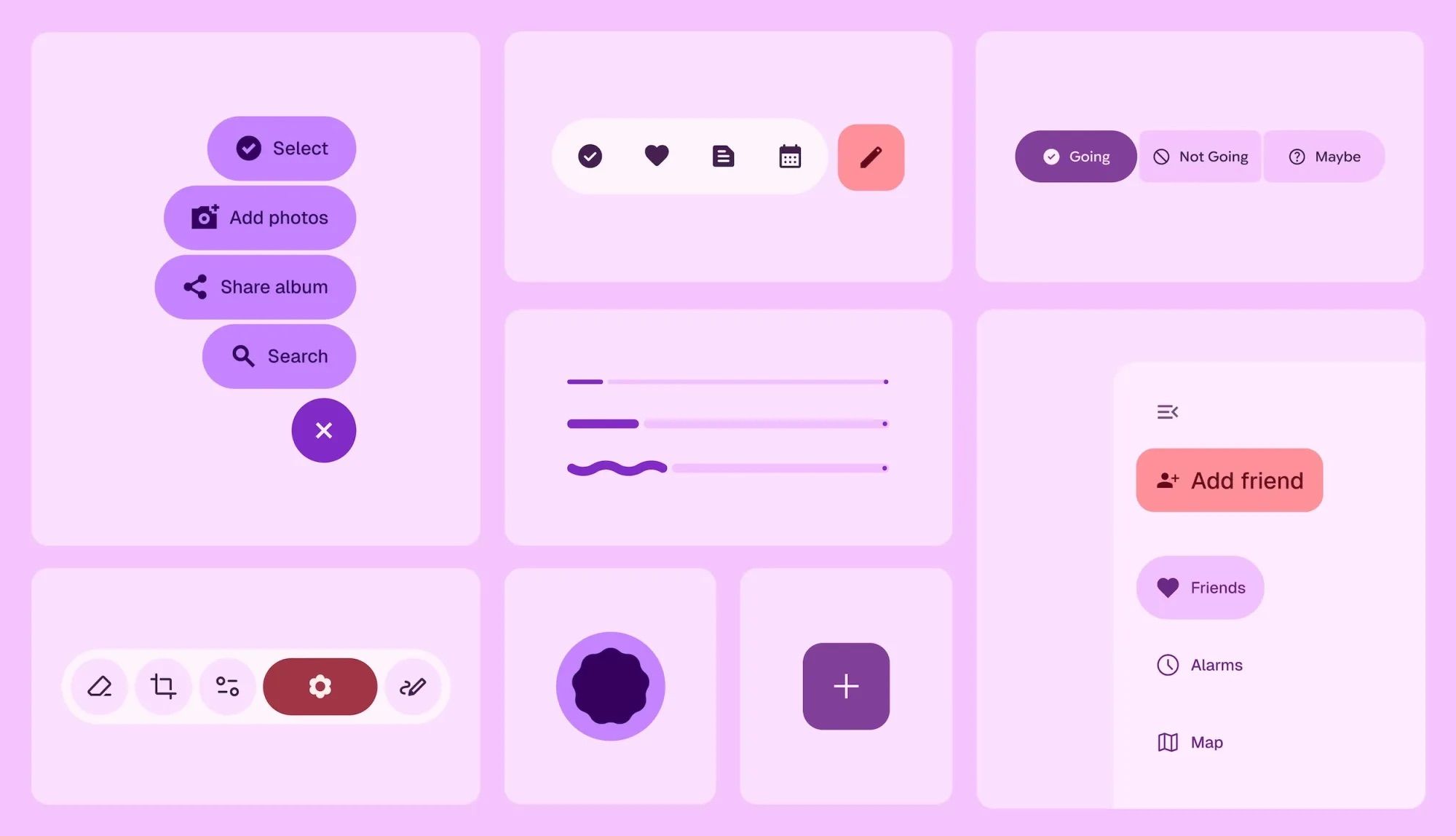 A selection of Material 3 Expressive design elements rendered in pink and purple.