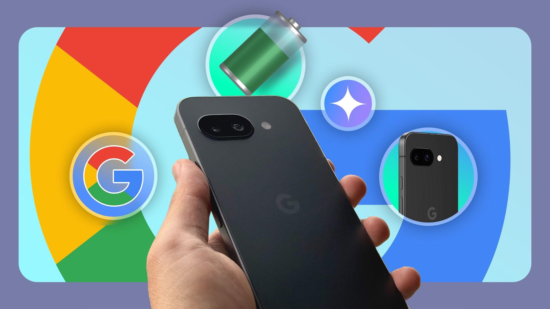 A hand holding a Google Pixel 9a smartphone with visual callouts highlighting its battery, AI features, and camera, set against a background with the Google logo