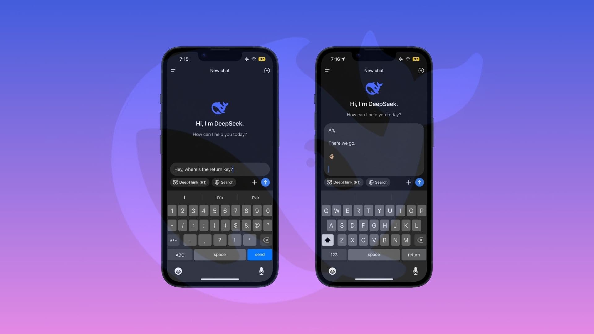 EnableDSReturn changes the Send key into a Return key in the DeepSeek app.