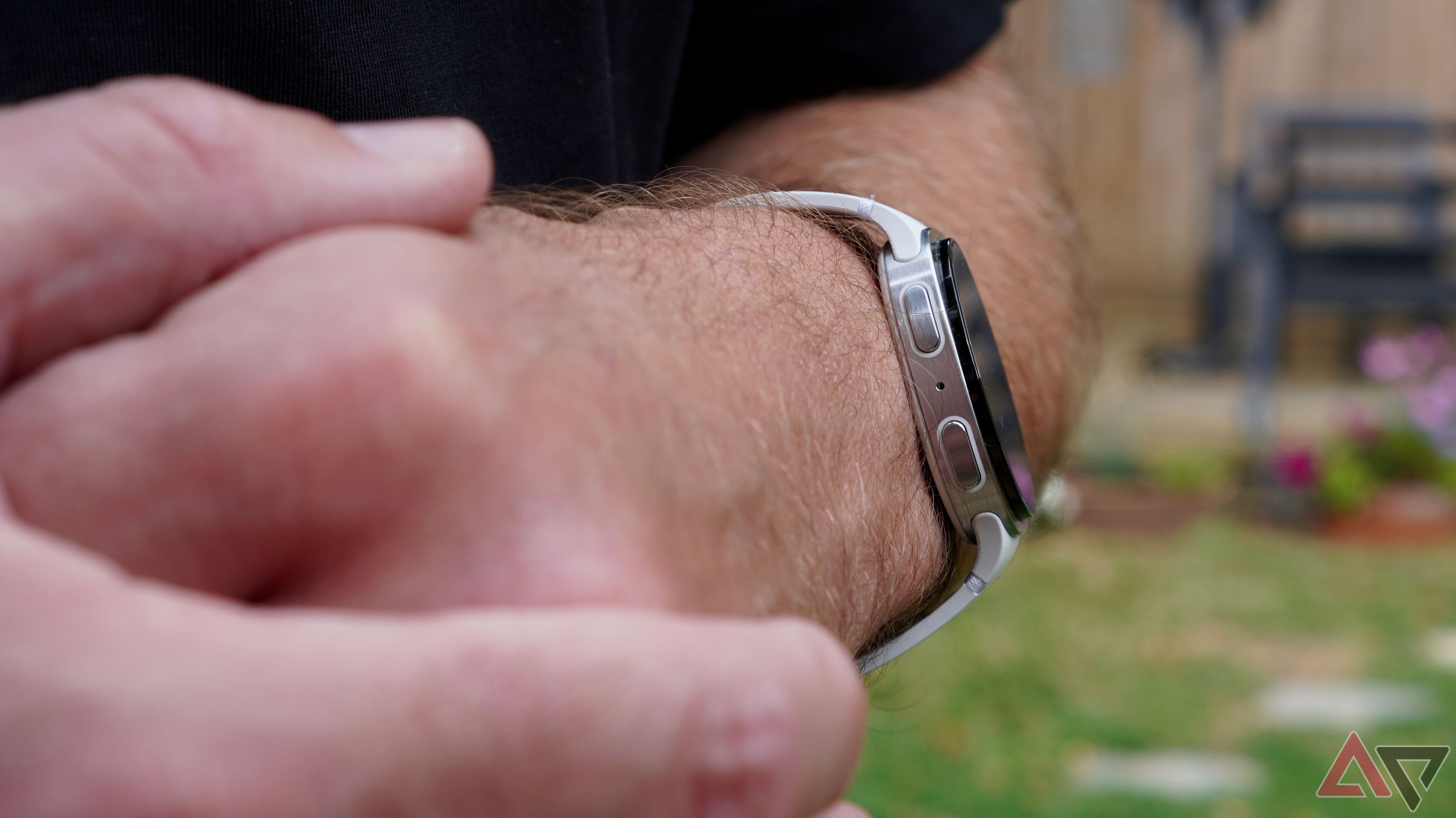 A person wearing the Samsung Galaxy Watch 8 showing the side profile
