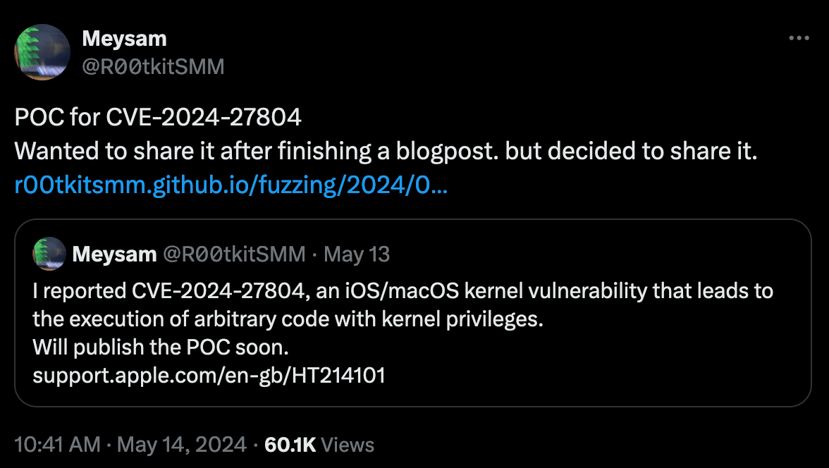Firouzi publishes proof of concept for CVE-2024-27804 kernel vulnerability.