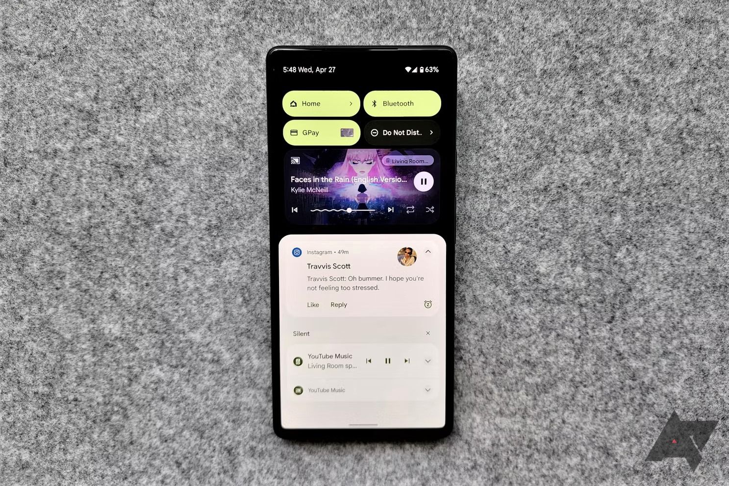 Android 13 showing notification shade pulldown