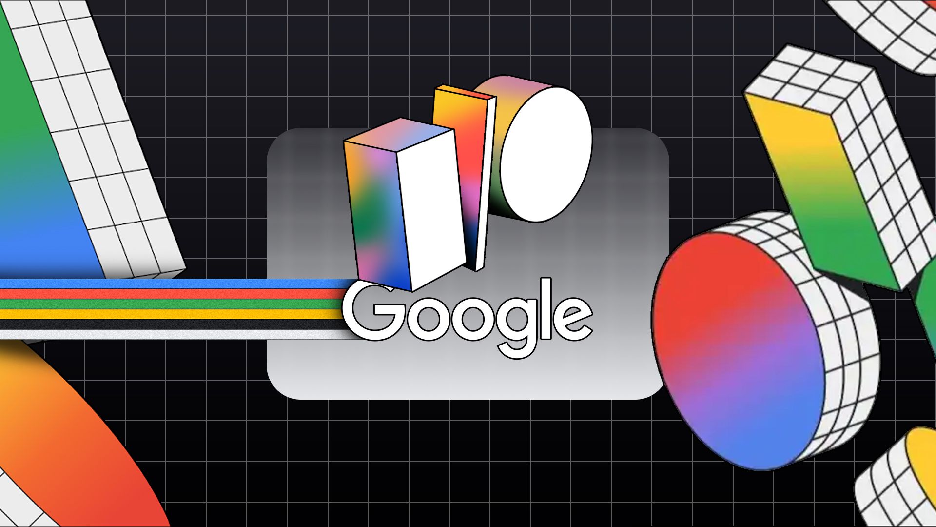 Google IO logo with some geometric figures around it.